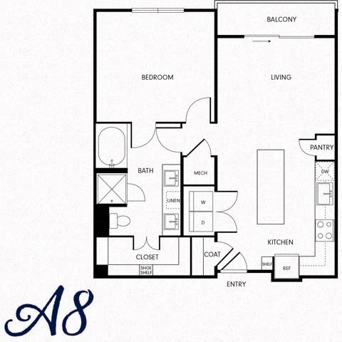 Floor plan for 1 bed, 1 bath, 868 sqft